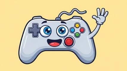 A cartoon game controller with a smiling face and raised hand