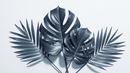 Elegant dark green tropical leaves arranged symmetrically on a clean white background