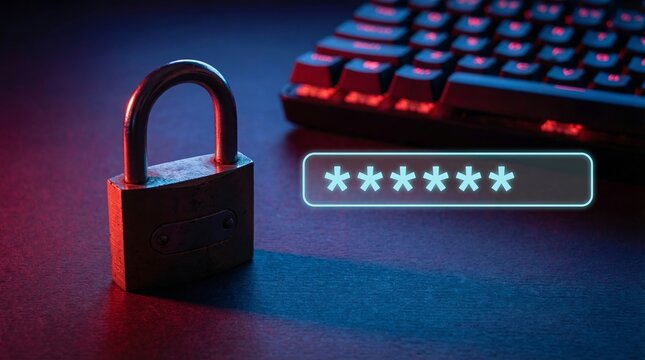 Locked padlock and password entry on a keyboard in a darkened room with red and blue lighting effects - Powered by Adobe