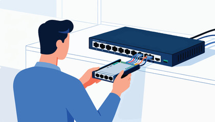 Man connects network cables to a switch and device