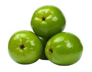 Four glossy green fruits, stacked against a solid black background