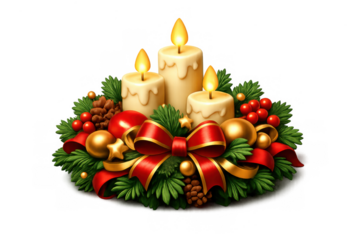 Festive holiday centerpiece with candles and red ribbons for christmas decoration