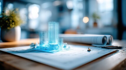A futuristic architectural model of buildings on blueprints, showcasing advanced design and technology in an inspiring workspace.
