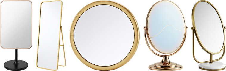 a diverse collection of mirrors, showcasing various shapes and styles, isolated on a clean background for interior design and decor concepts.