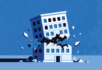 A stylized building mid-collapse, shattering into geometric fragments against a textured blue background