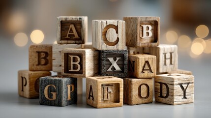 A collection of wooden alphabet blocks, stacked in a playful arrangement, showcasing letters and natural textures against a soft, blurred background.