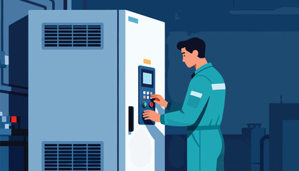 Person in blue uniform operating machinery with control panel