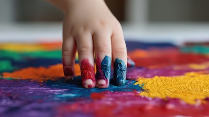Obraz premium A child's hand covered in colorful paint is creating a vibrant artwork on a canvas, showcasing creativity and the joy of artistic expression.