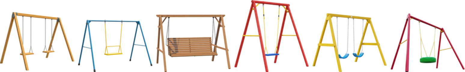 colorful playground swings in diverse designs, including metal and wooden frames, isolated on black, a realistic 3d render.
