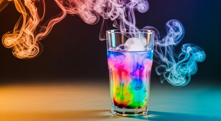 Vibrant colors swirl and mix in a glass of water, creating a mesmerizing smoky effect against a dark background.