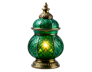 Green ornate lantern with etched glass and glowing interior on black background