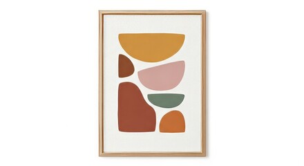 Abstract geometric art with warm earthy tones in a light wood frame