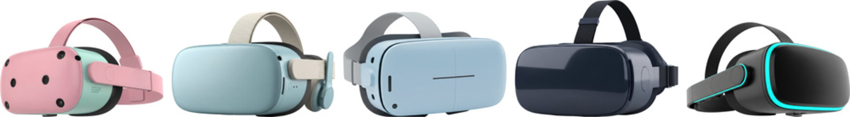 modern virtual reality headsets in diverse colors and sleek designs, isolated on black, a realistic 3d render.