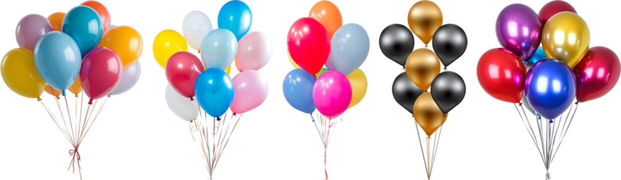 photograph of vibrant, diverse bundles of party balloons in various colors, ready for celebrations and festive occasions, isolated.