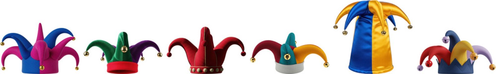 vibrant photograph showcasing a playful assortment of colorful jester and clown hats with jingling bells, symbolizing fun and entertainment.