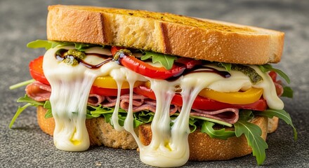 Deliciously melted cheese oozing from a gourmet sandwich filled with fresh ingredients.