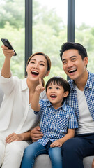 Fototapeta premium Happy Asian Family Watching TV with Excitement