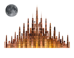 An architectural marvel crafted of illuminated blocks against a starry void