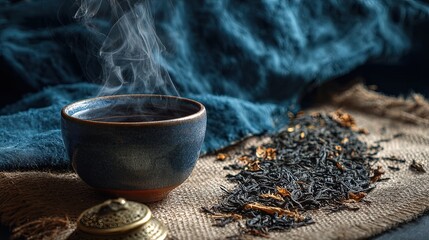 Steaming ceramic tea bowl beside loose leaves on burlap in the foreground, blue textile and soft smoke in the background, brass lid nearby, cozy zen ritual, concept for beverage advertising