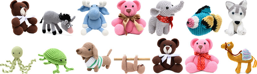 adorable photograph of a charming collection of handmade crochet animals, crafted from wool, featuring various cute creatures.