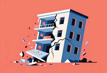 Stylized building cracks and collapses amid flying debris on a vibrant backdrop