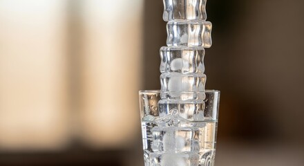 Refreshing ice cubes stacked precariously in a clear glass of water, symbolizing balance and coolness.