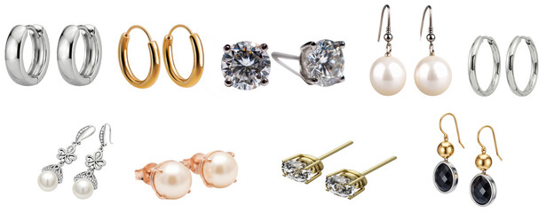 a collection of elegantly styled earrings, including classic hoops, lustrous pearls, sparkling diamonds, and sophisticated dangle designs on a clean background.