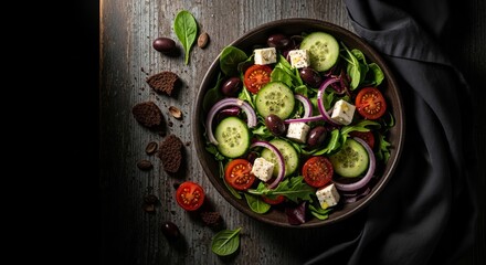 Fresh and vibrant Greek salad with feta, olives, and cucumber, a healthy and delicious meal.