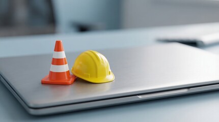 Miniature construction hard hat and traffic cone placed on a sleek silver laptop in a workplace setting naturally