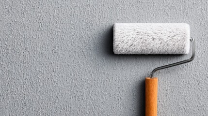 Obraz premium A paint roller rests against a textured gray wall, symbolizing home improvement and DIY projects.