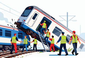 Workers in high-visibility vests attend to an overturned train