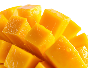 Close-up of diced, ripe, juicy mango pieces