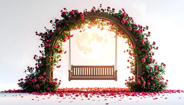 Romantic wooden swing under floral arch with glowing full moon high resolution image