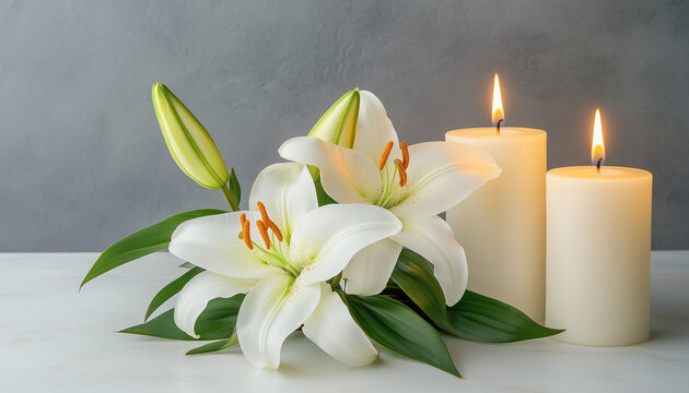 White lilies and lit candles arranged on a marble surface against a grey backdrop. This scene evokes peace and remembrance for a funeral or memorial service.