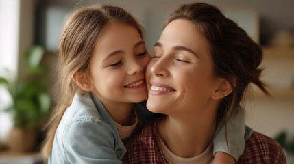 Mother and daughter faceless, happy moment, maternal bonding, family connection, celebration day, defocused background, with copy space