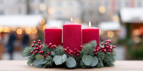 an advent wreath with red candles in front of the market hall