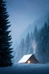 a wooden house in the middle of an alpine forest, snowing heavily at night, smoke coming out from chimney light up inside cottage.