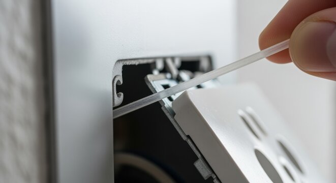 Artistic angle capturing the delicate placement of a lightweight shim spacer behind a loose electrical faceplate for secure fixing.
