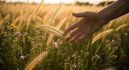 Gentle hand brushes through a sun-drenched meadow of wildflowers and tall grass.
