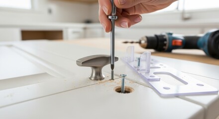 Closeup of fingers tightening screws in freshly drilled holes after using a template jig to install sleek cabinet knobs during a kitchen makeover.