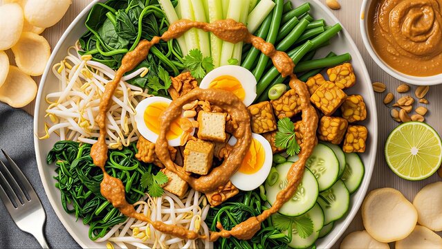 Indonesian pecel salad with fresh vegetables, boiled eggs, tofu, tempeh, and rich peanut sauce. Traditional healthy food, colorful composition, perfect for Asian cuisine and food photography.