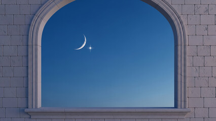 Islamic arched window view of crescent moon and star for Ramadan copy space background