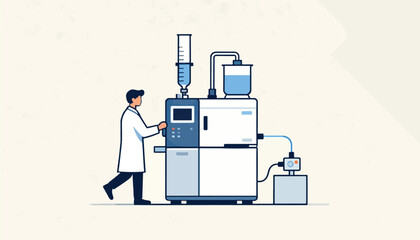 Scientist in lab coat operates advanced scientific instrument with connected equipment