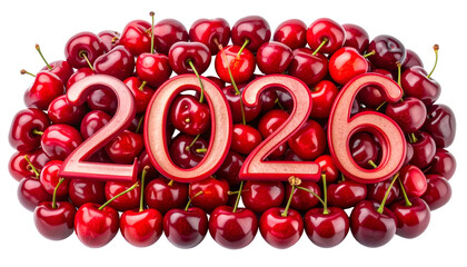 2026 numerals in red overlaying a pile of ripe, red cherries