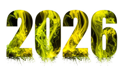 Year 2026 rendered with smoky, yellow-green textures