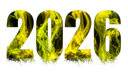 Year 2026 rendered with smoky, yellow-green textures