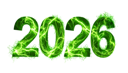 Glowing green energy, 2026 text on black background