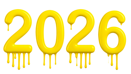Shiny yellow "2026" digits with drippy effect, set against a black backdrop