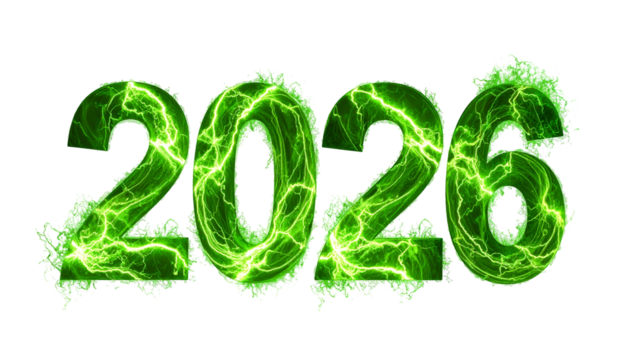 Glowing green energy, 2026 text on black background - Powered by Adobe
