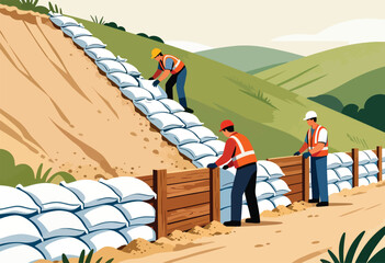Workers build a barrier with sandbags on a hillside